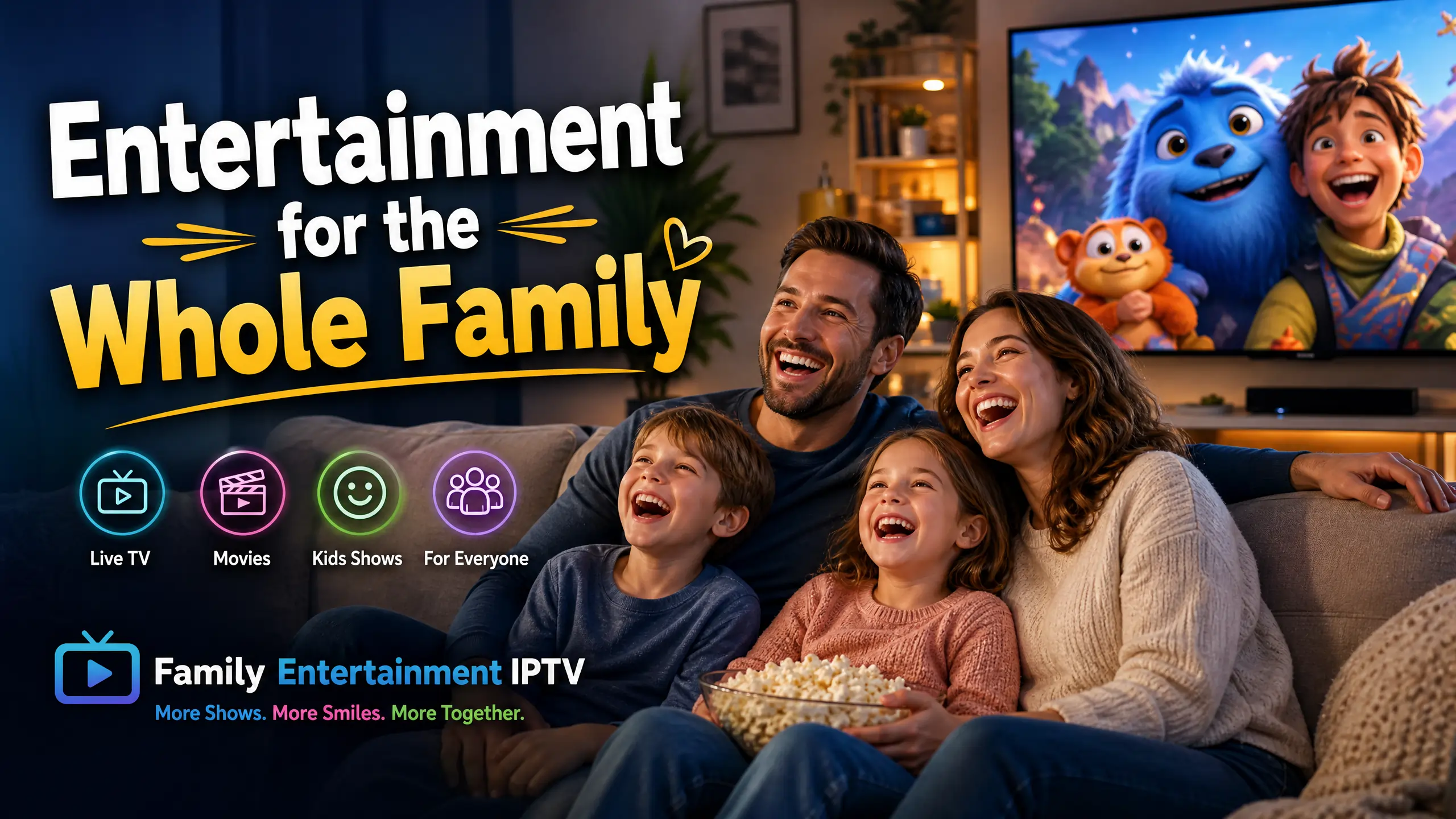 Family watching IPTV together — kids, adults and seniors all enjoy Global IPTV Net