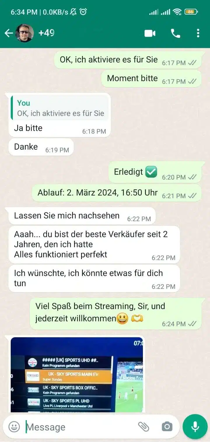 Customer feedback message showing satisfaction with lifetime IPTV purchase